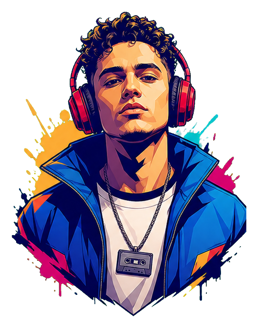 Colorful illustrated hip hop portrait wearing headphones and a cassette pendant necklace