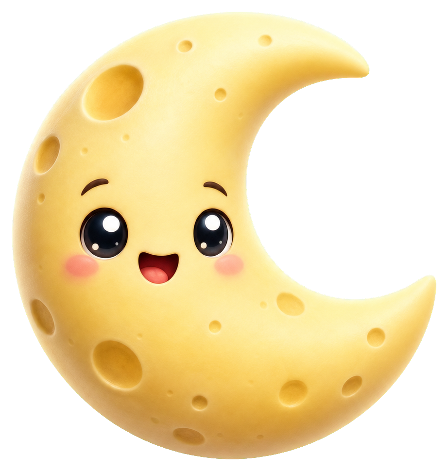 Cute smiling crescent moon character with rosy cheeks and a playful expression