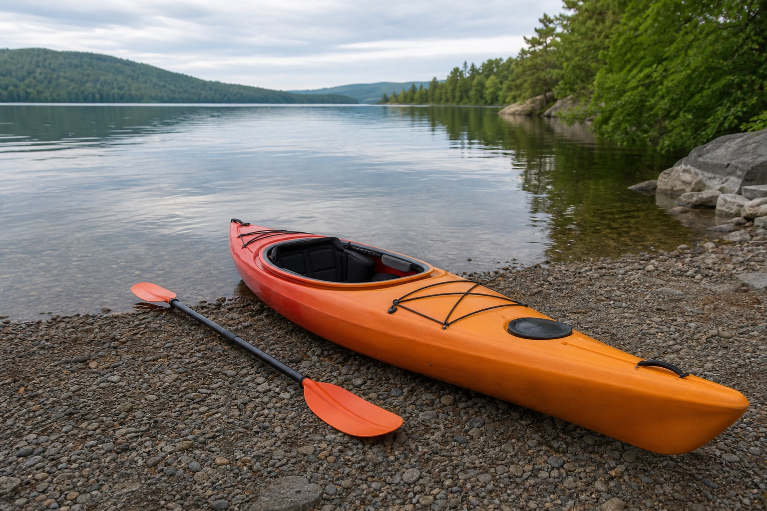 Orange kayak resting on a rocky shoreline beside calm water and distant mountains.