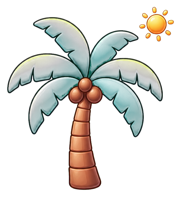 Illustrated palm tree with curved fronds and a small sun icon