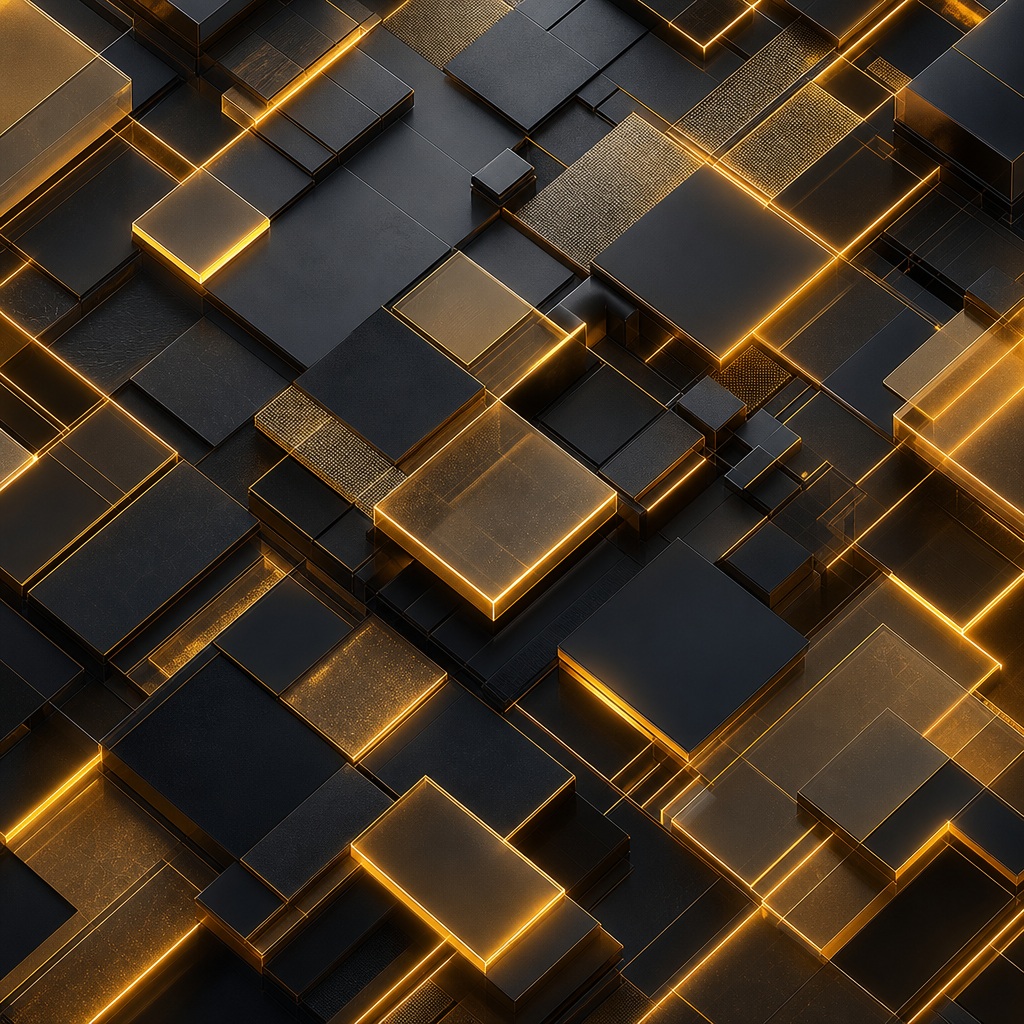 Glowing gold-edged square geometric tiles on a dark abstract background