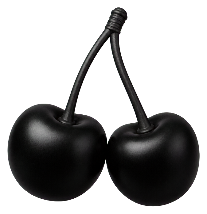 Two glossy black cherries connected by stems on a dark background