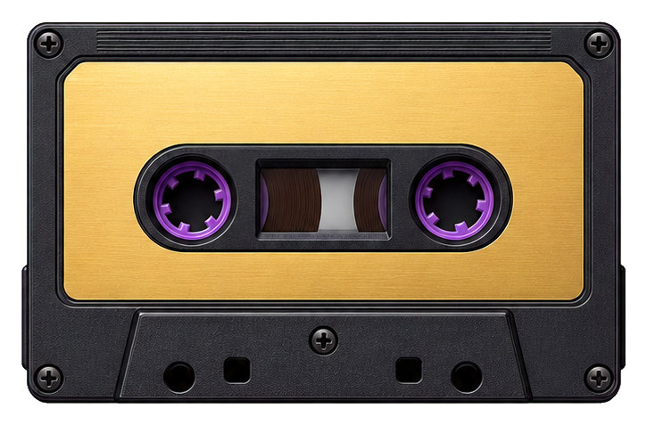 Purple and gold reel cassette with black border and purple tape reels.