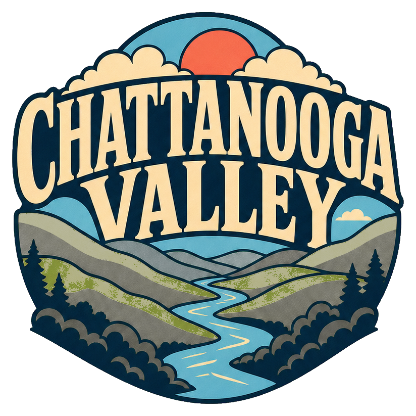 Retro badge sticker with Chattanooga Valley text above hills and a winding river.