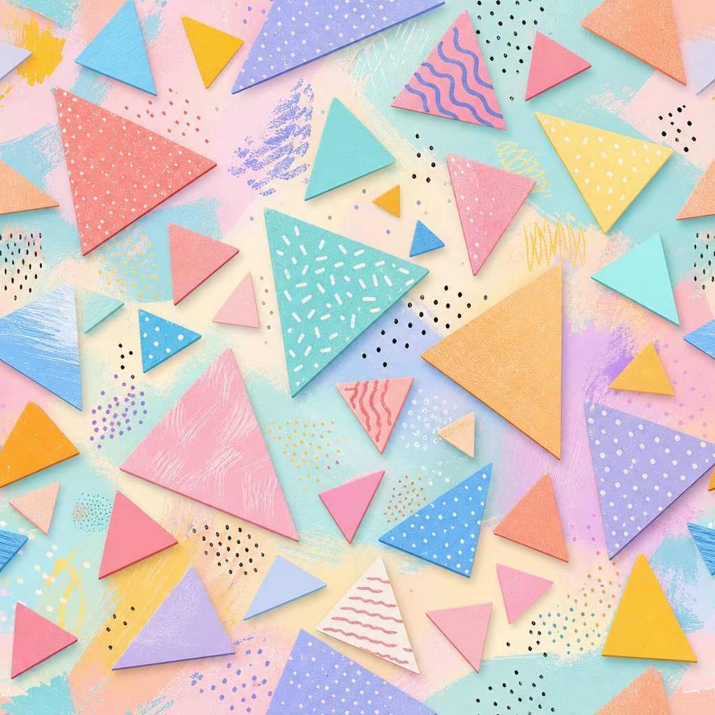 Colorful pastel triangles and geometric shapes arranged in a playful repeating pattern.