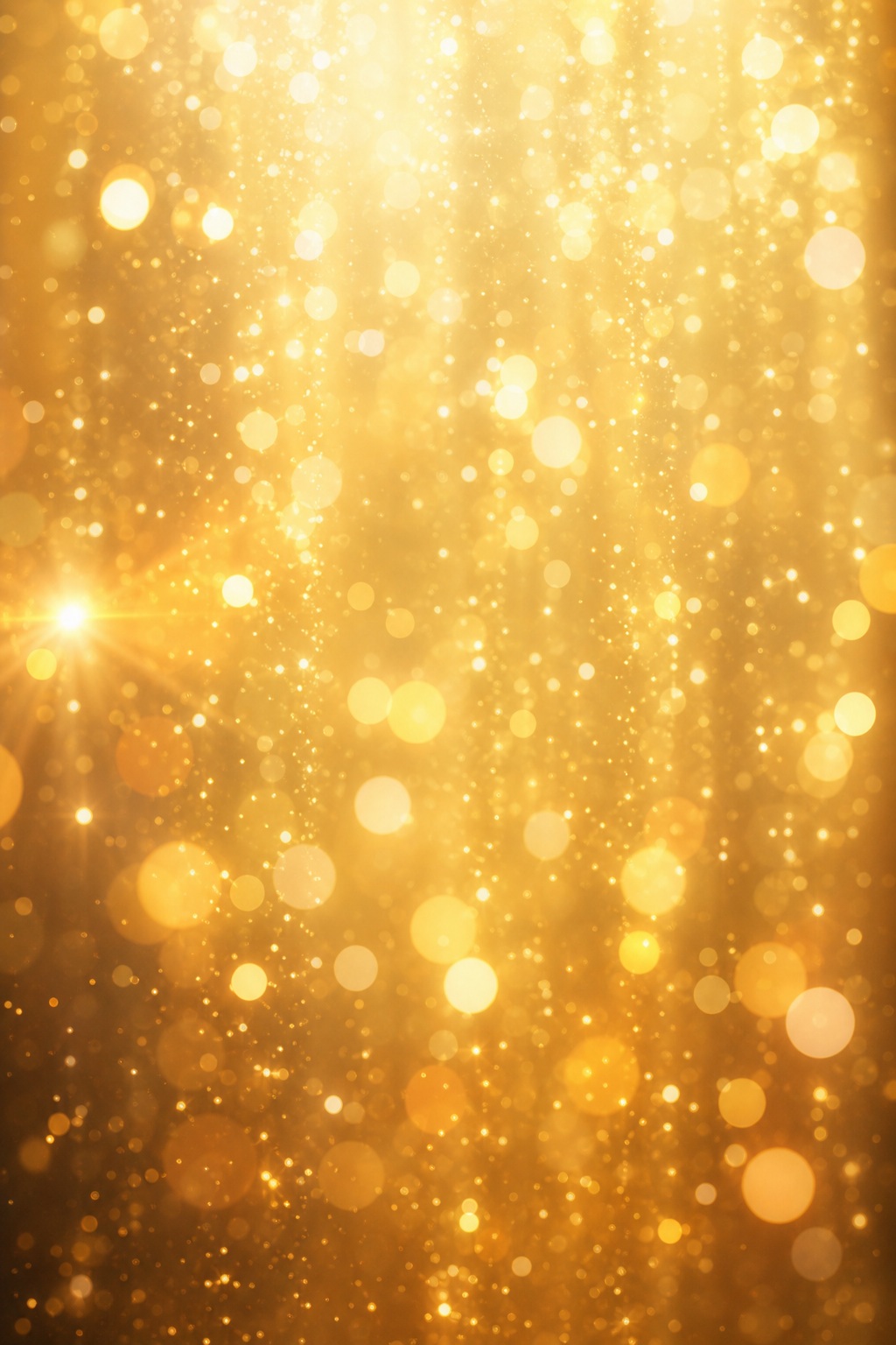 Gold abstract background with glowing bokeh circles, sparkles, and a soft lens flare.