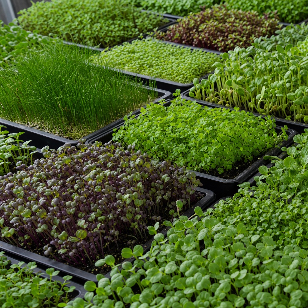 Rows of tray-grown microgreens and fresh green shoots inside a greenhouse