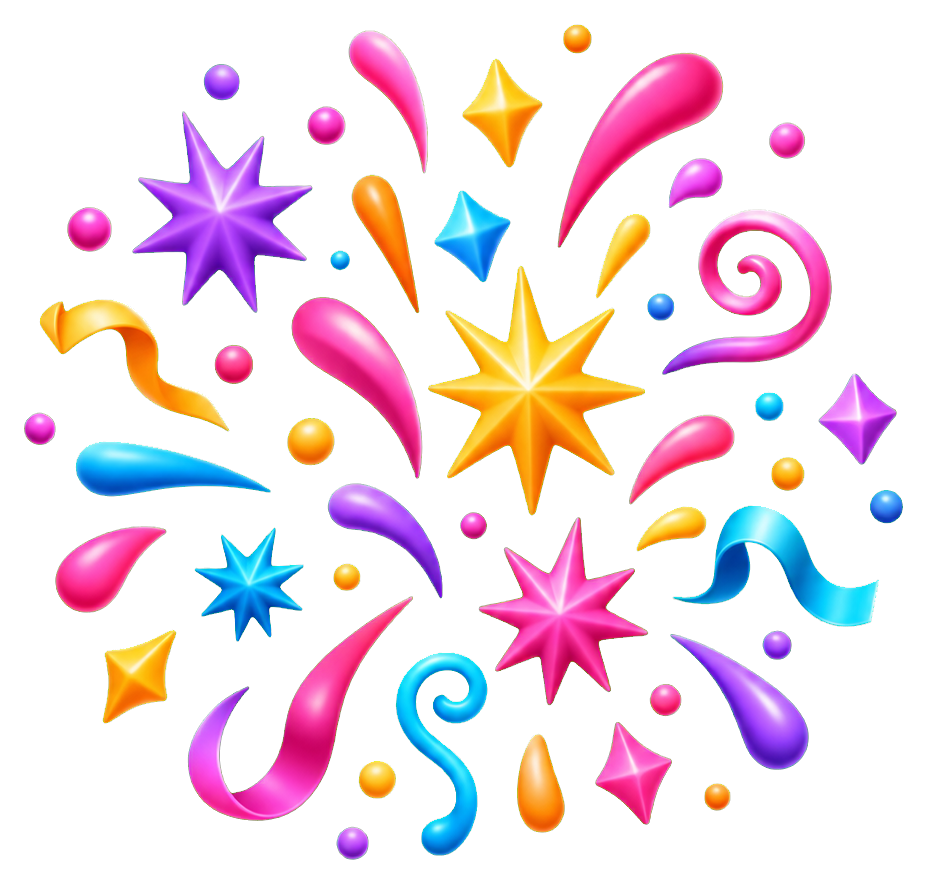 Colorful celebration sparkles bursting outward with stars, swirls, and confetti shapes.