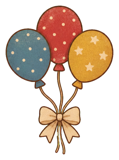 Three polka dot balloons in dusty blue, red, and gold tied with a ribbon bow