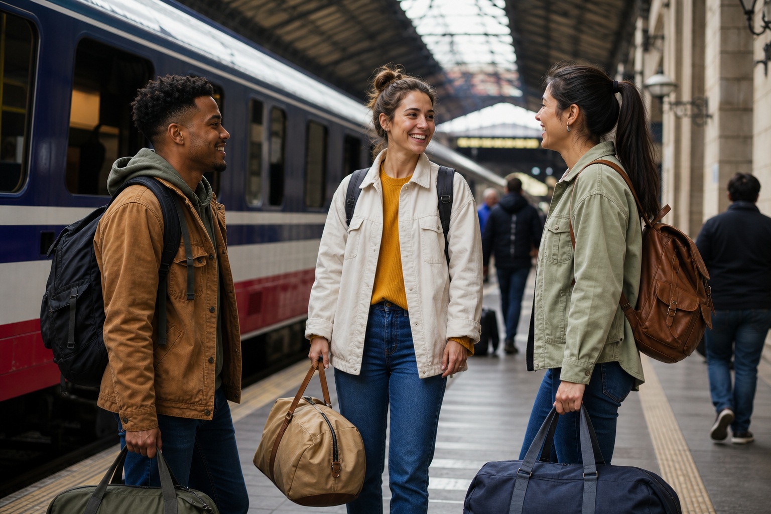 Preview for Travel Friends At Train Station Background