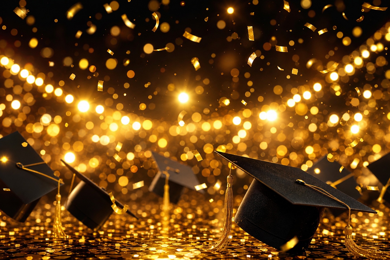 Two graduation caps on a glowing gold bokeh background