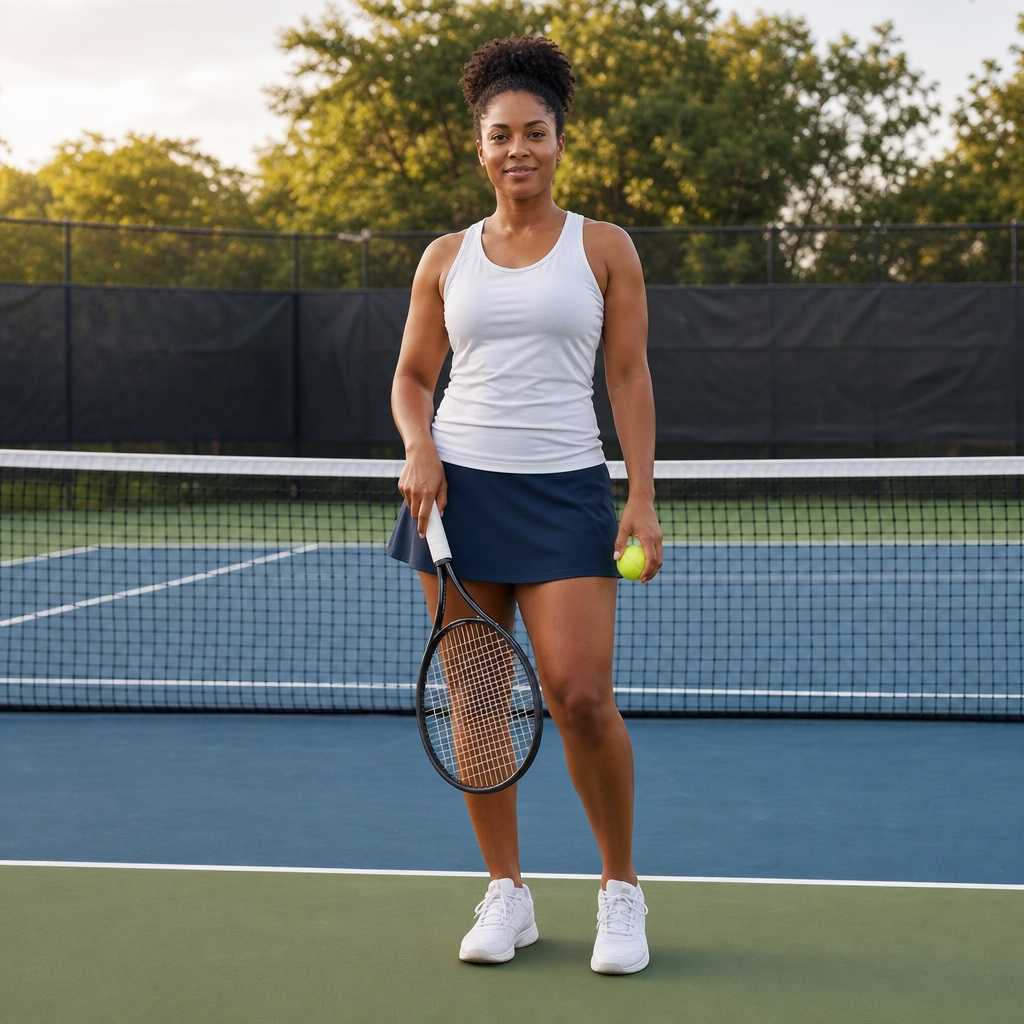 Woman standing on a tennis court holding a racket and tennis ball