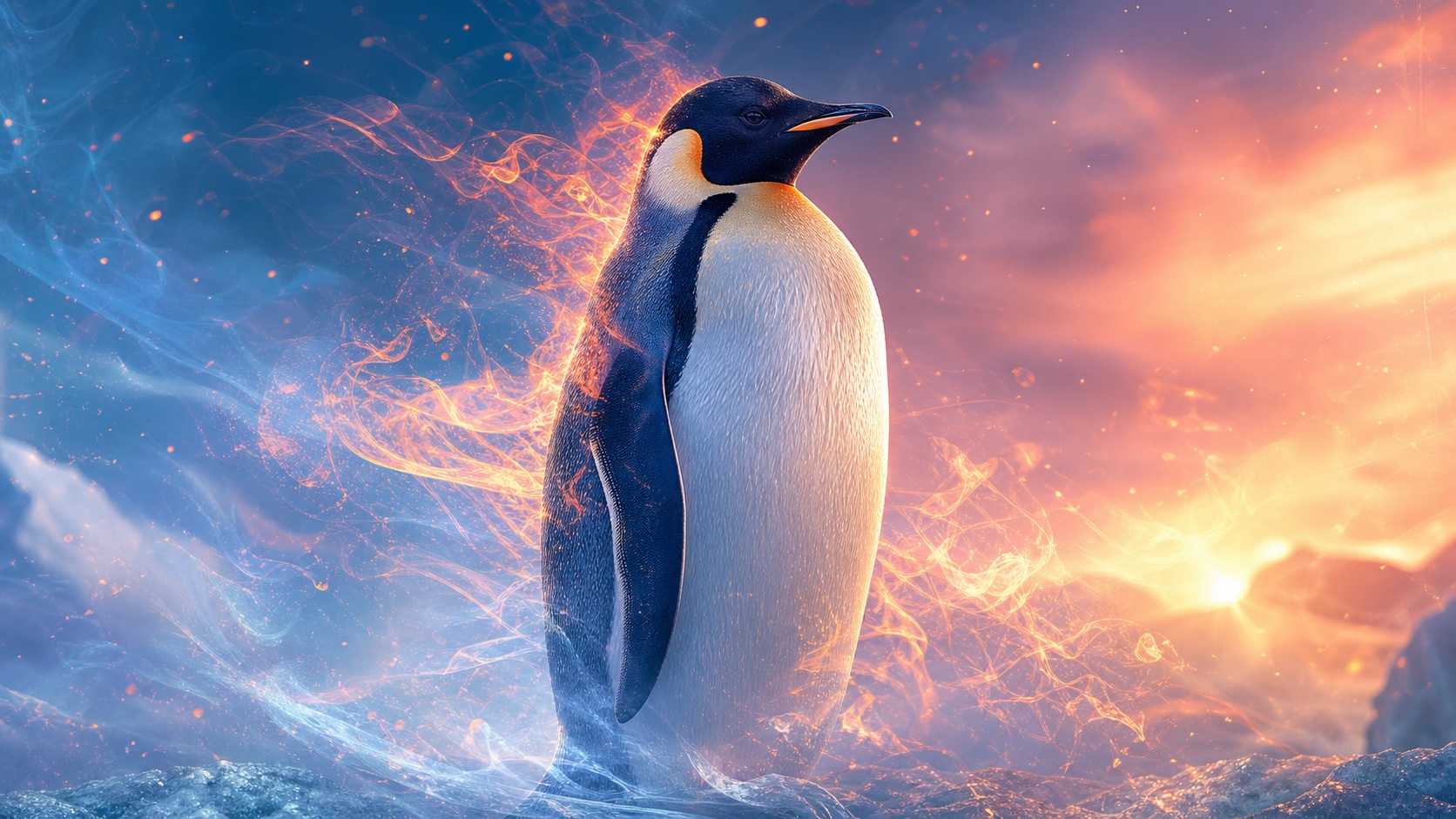 An emperor penguin standing on ice with a glowing pink and orange polar sky.