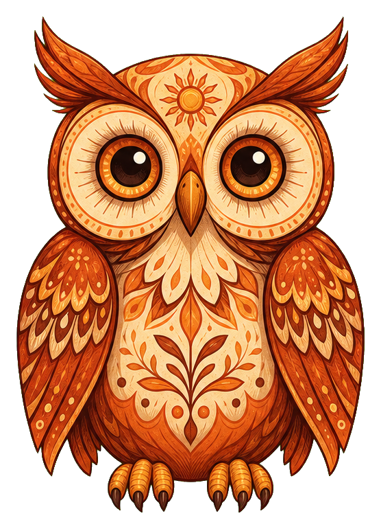 Illustrated owl with sun-like face, orange feathers, and decorative folk art patterns