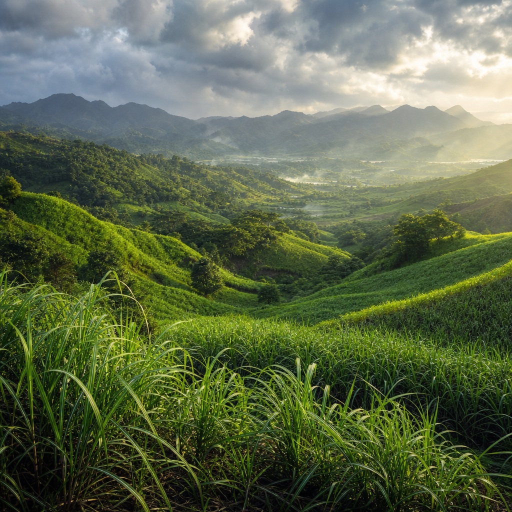 Lush green rolling hills and cultivated farmland stretching into a misty valley