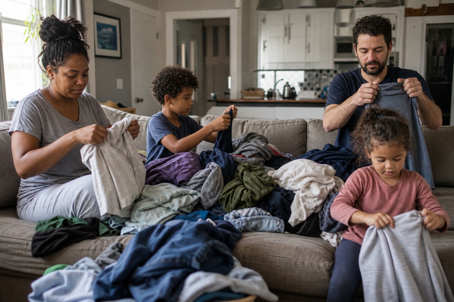 Family members sitting on a couch folding laundry in a candid living room scene.