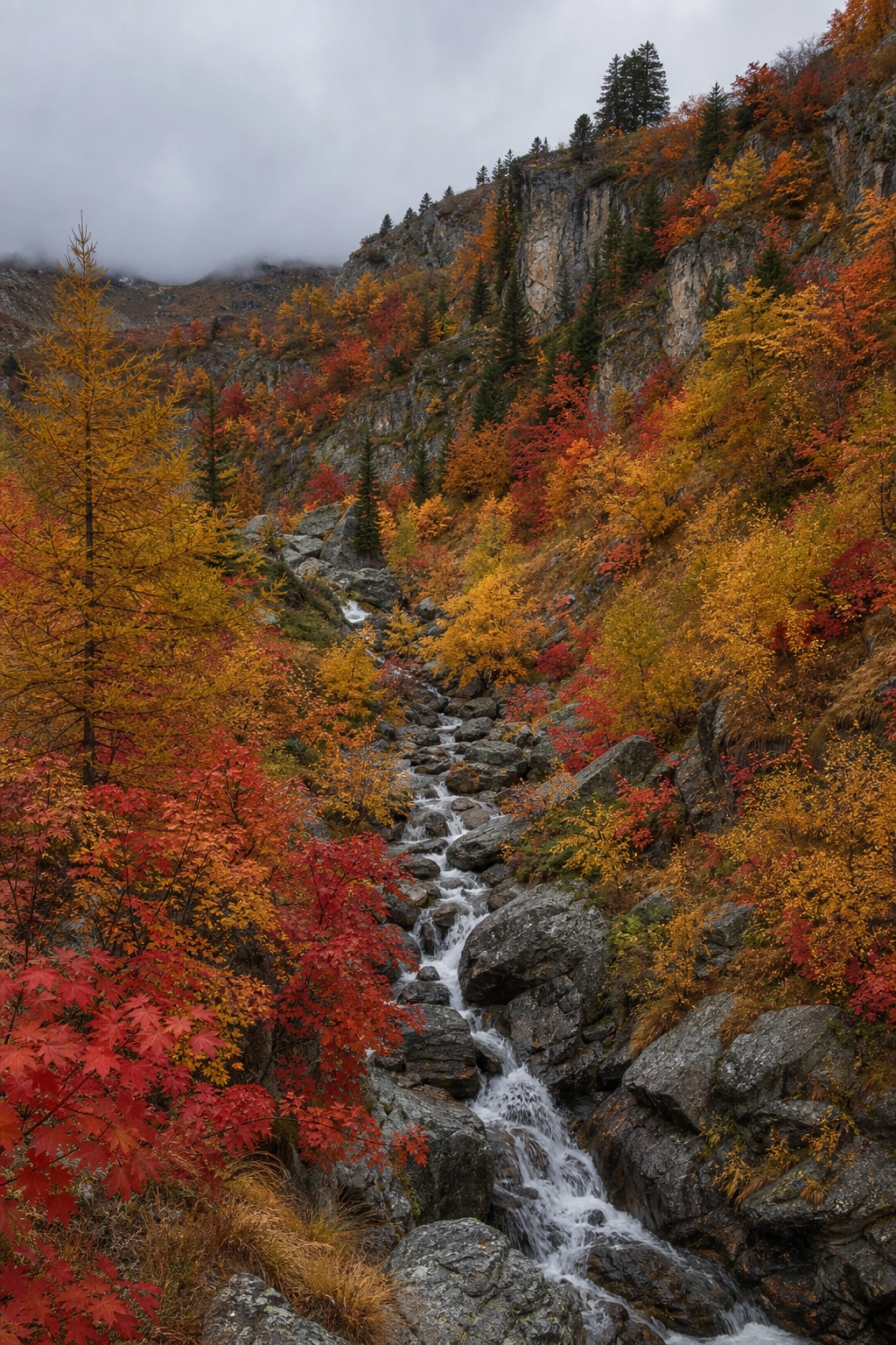 Vertical autumn ravine with colorful trees, rocky stream, and snowy mountains in the distance