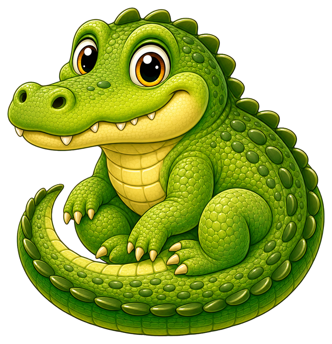 Cute green cartoon reptile with a curled tail and big eyes