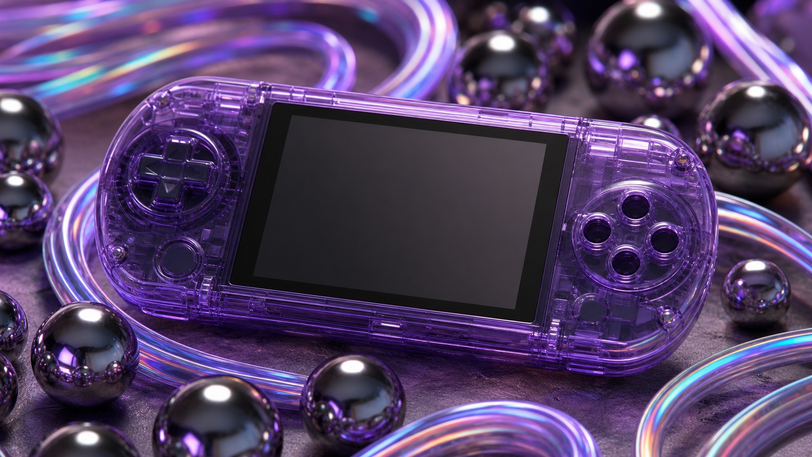 Translucent handheld game console resting on glowing purple abstract tubing
