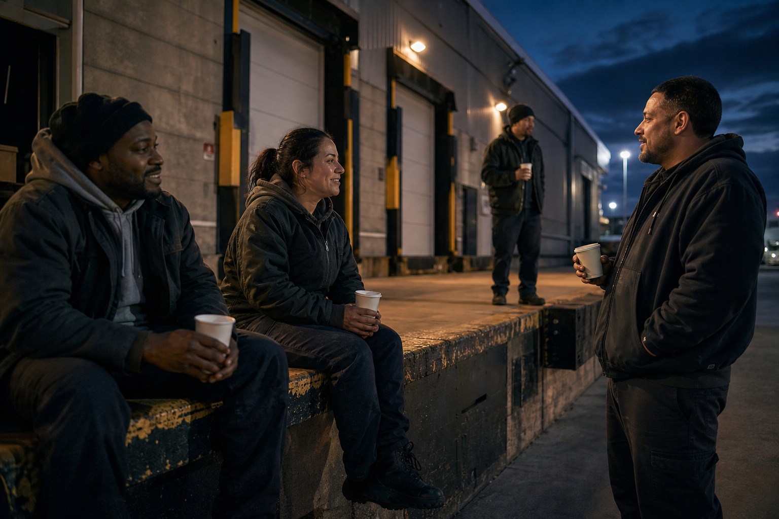Candid workers standing and talking beside a loading dock at night.