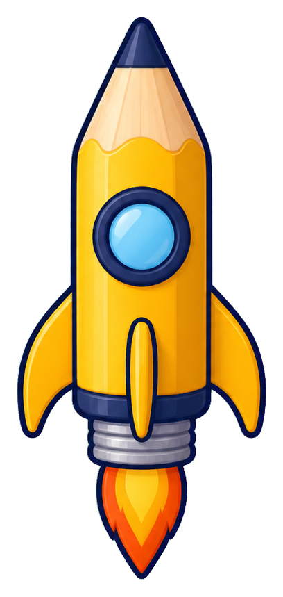 Yellow pencil-shaped rocket with blue window and orange flame