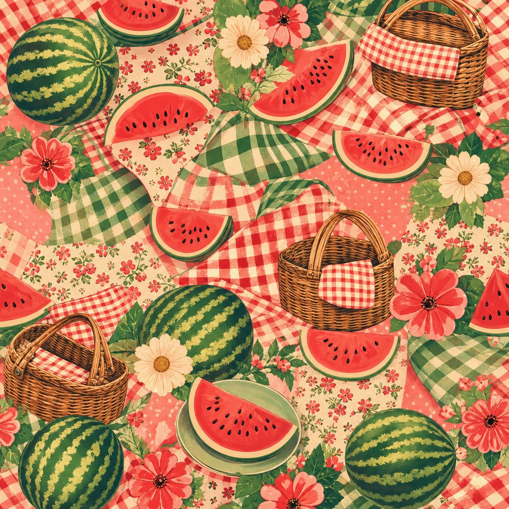 Retro picnic pattern with watermelon slices, fruit, flowers, and picnic baskets on a coral background.