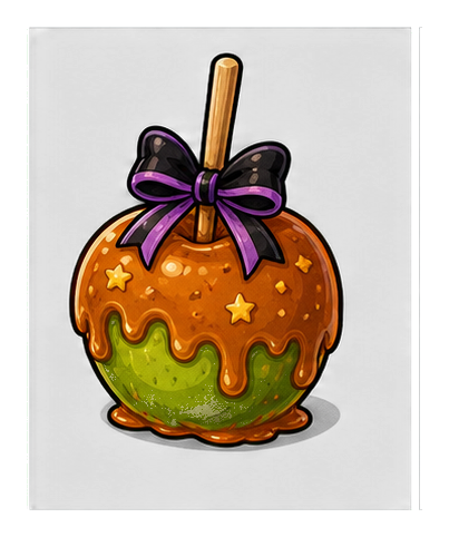 Caramel-covered green apple with a purple ribbon and Halloween-style stars.