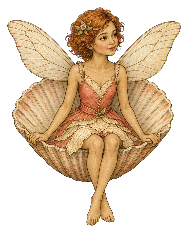 Vintage fairy sitting on a scallop shell bowl with pale wings and a pink dress.