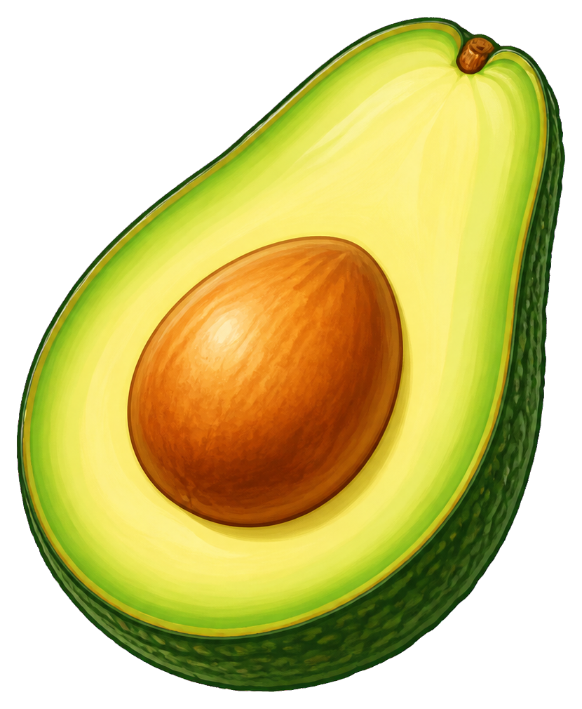 A bright avocado half with the pit visible and green peel.