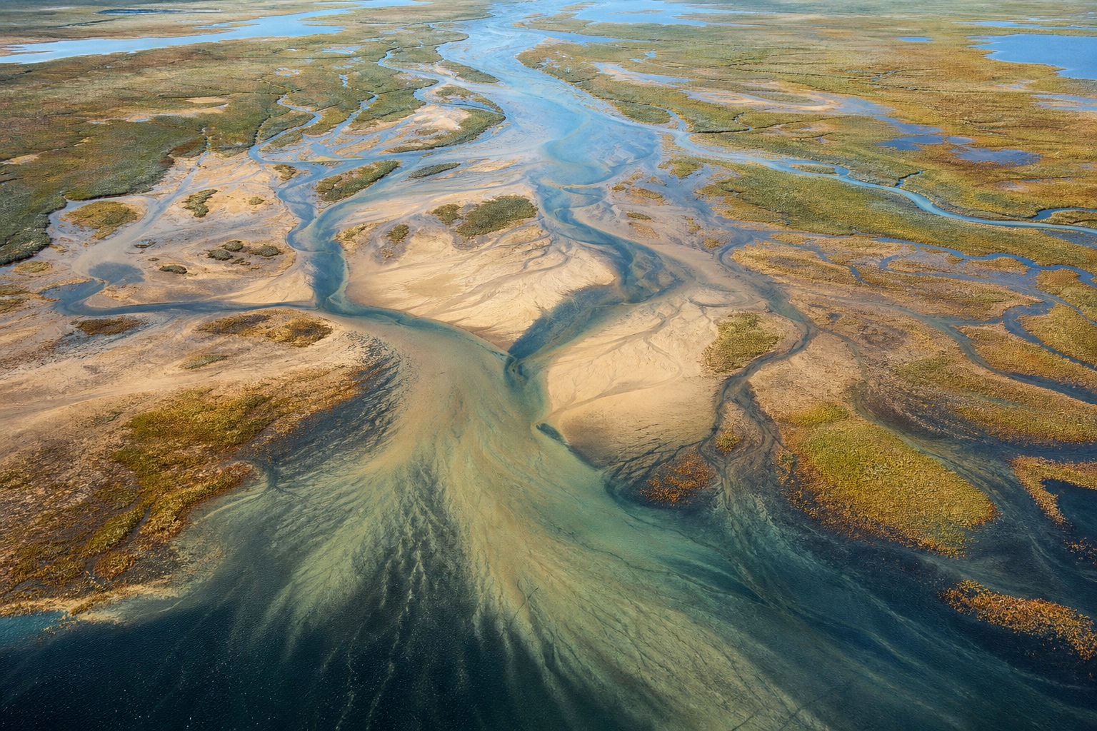 Aerial view of a sunlit river delta with branching water channels and wetland sediment patterns.