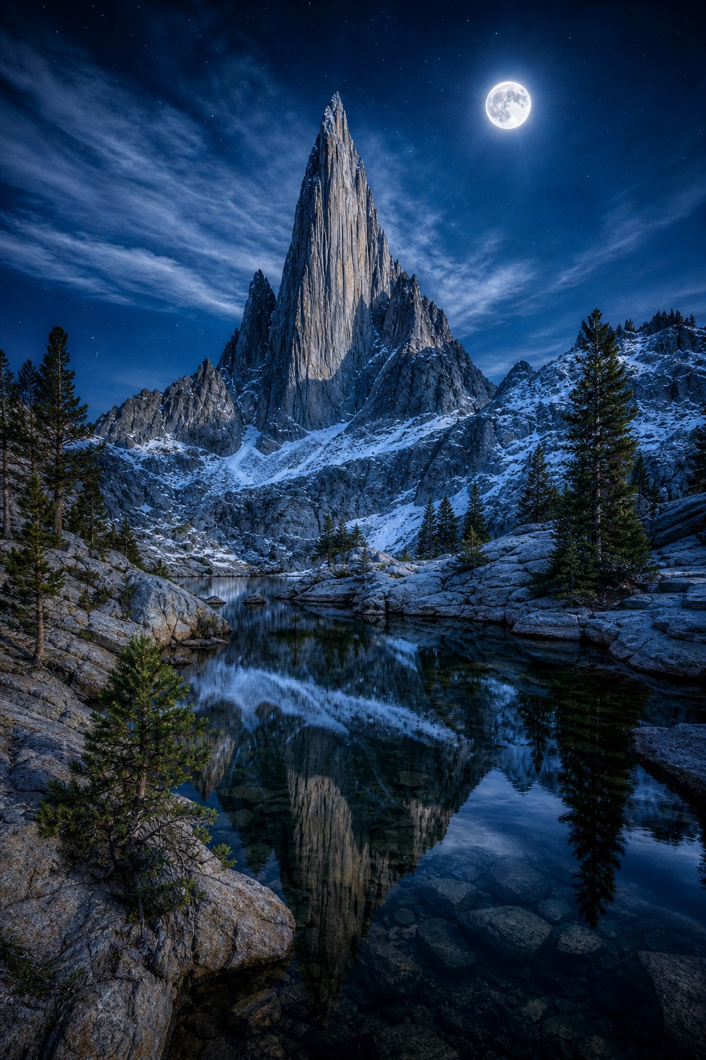 Tall granite mountain peak under a bright moon above a dark alpine lake at night