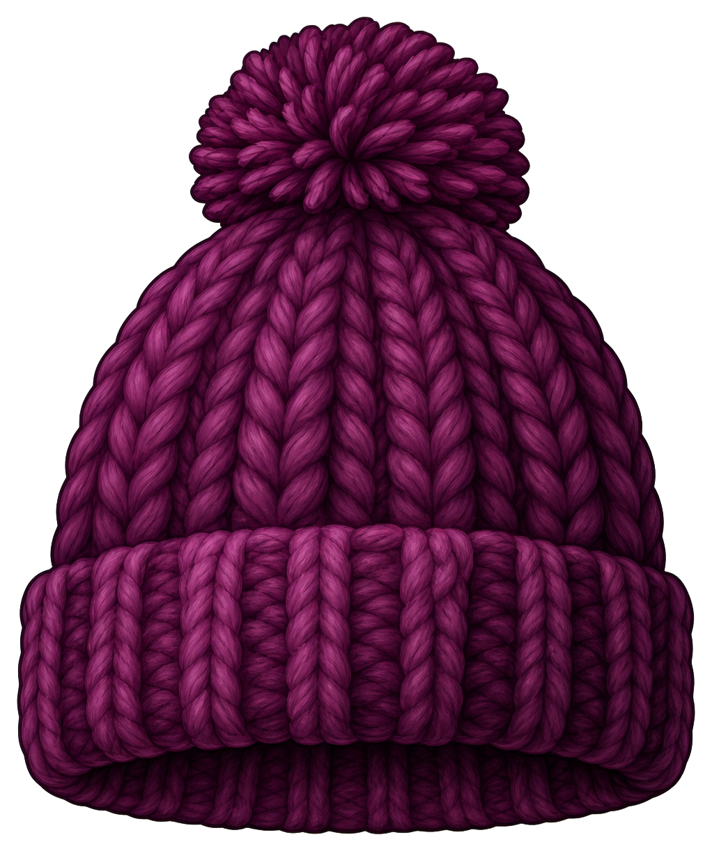 Purple knitted beanie with a folded brim and pom on top
