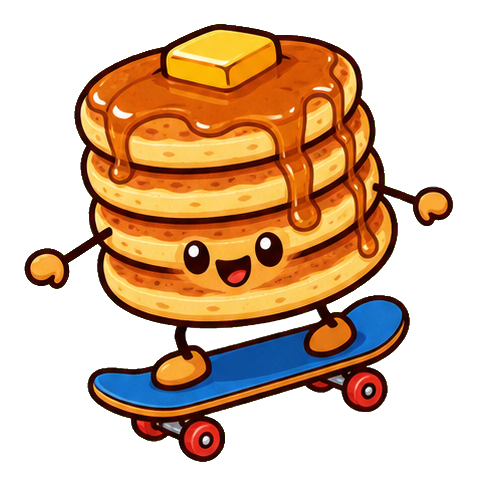 Smiling stack of pancakes riding a skateboard with a pat of butter on top