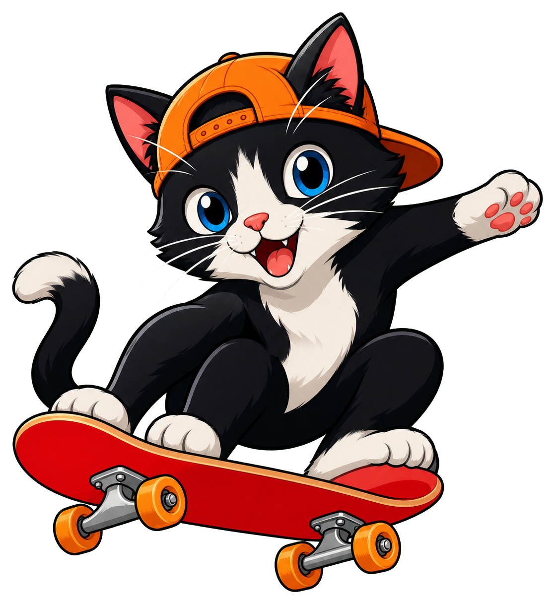 Smiling black and white cat riding a red skateboard with one paw raised
