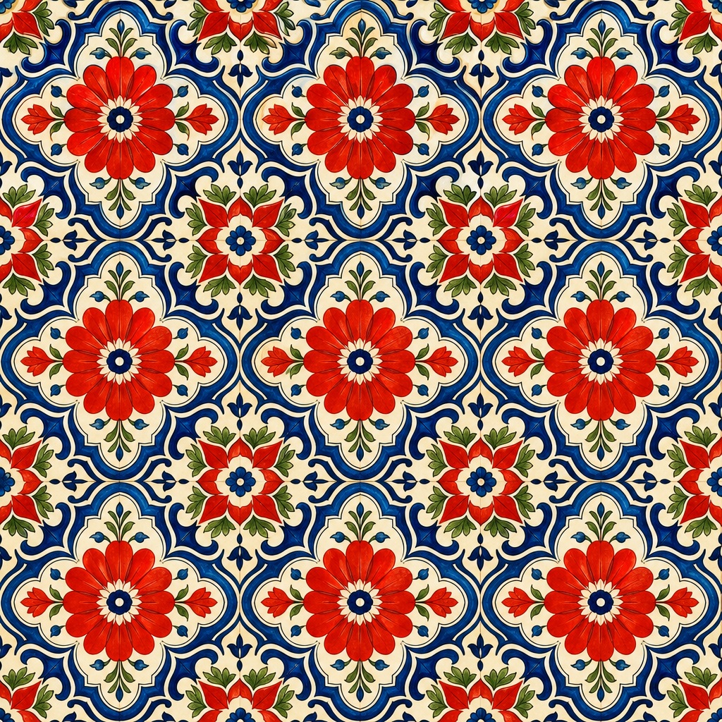 Repeating floral folk pattern with red, blue, and cream decorative tile motifs