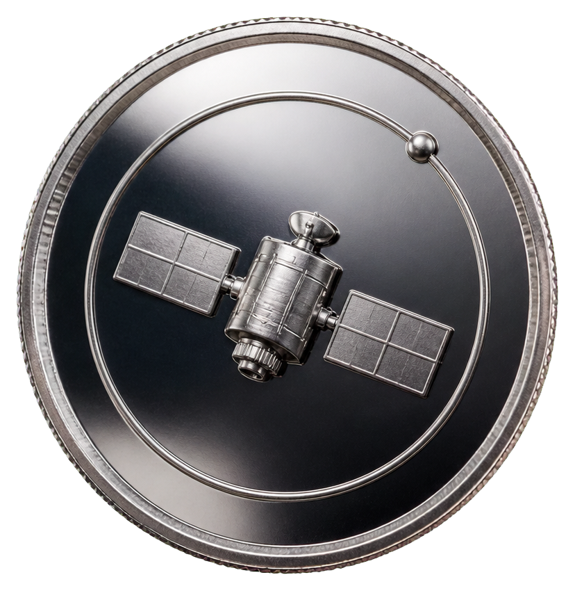 A silver coin with an orbital satellite design in the center