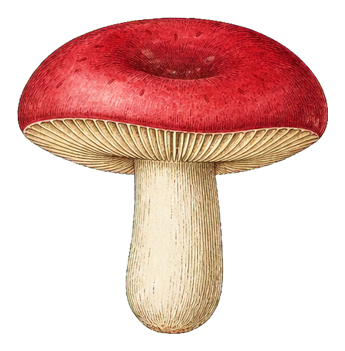 Red russula mushroom with cream stem, shown as a vintage-style sticker.
