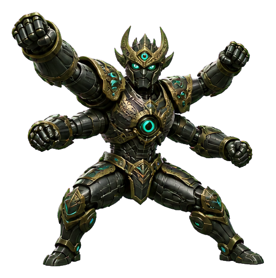 Four-armed armored robot in a wide action pose with glowing teal details.