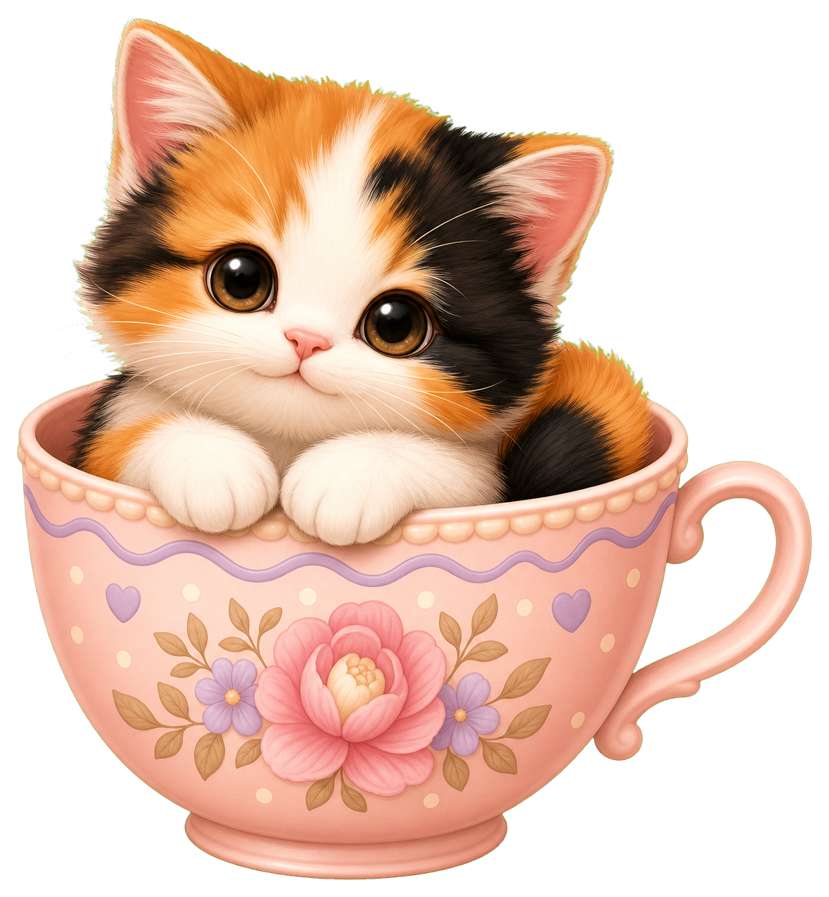 Cute orange and white cat sitting in a floral teacup sticker