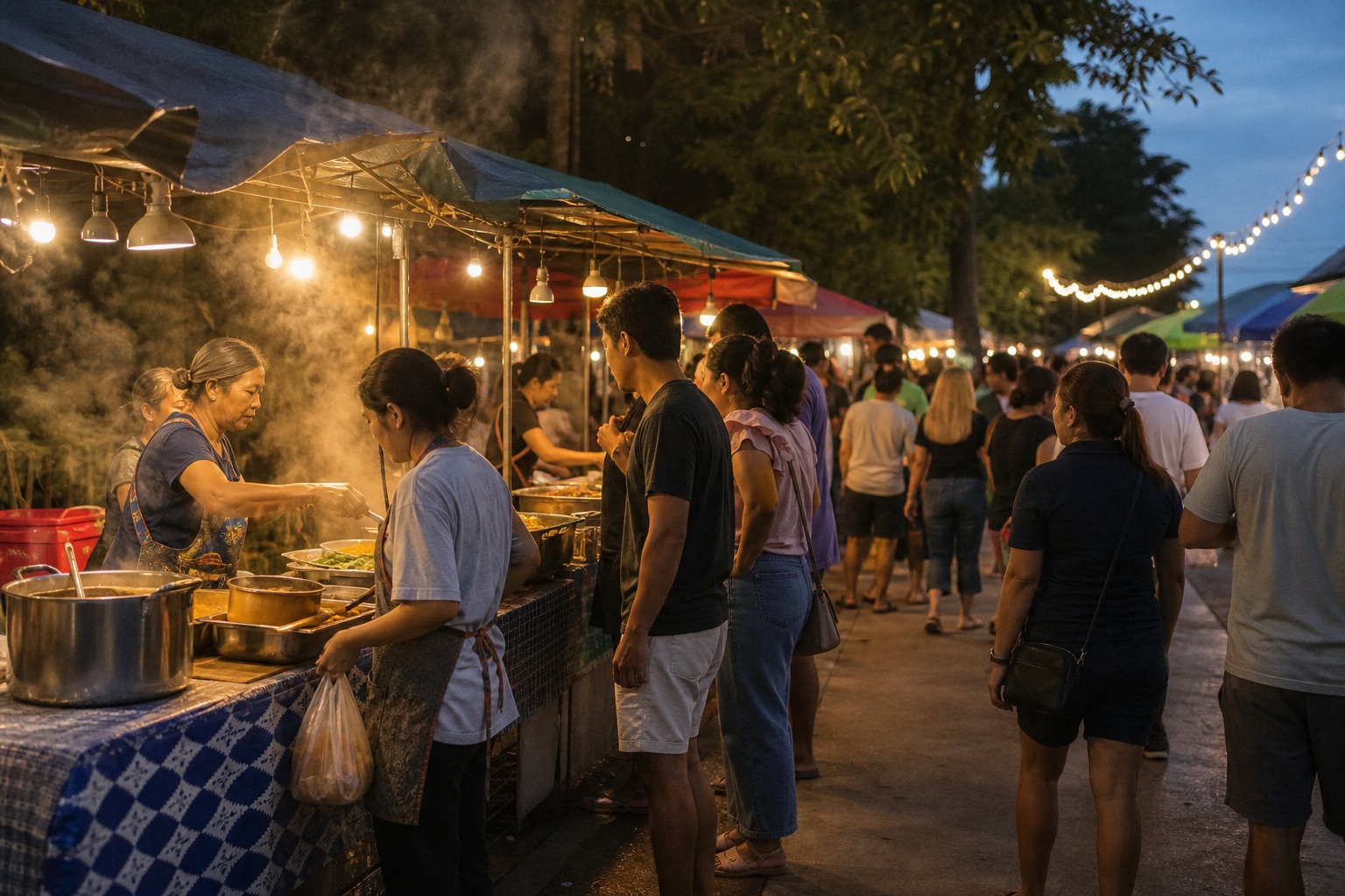 People gathered beside glowing food stalls along a busy night market walkway at dusk.