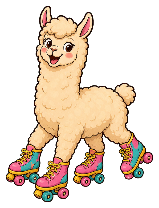 Cute alpaca wearing bright pink roller skates with colorful wheels