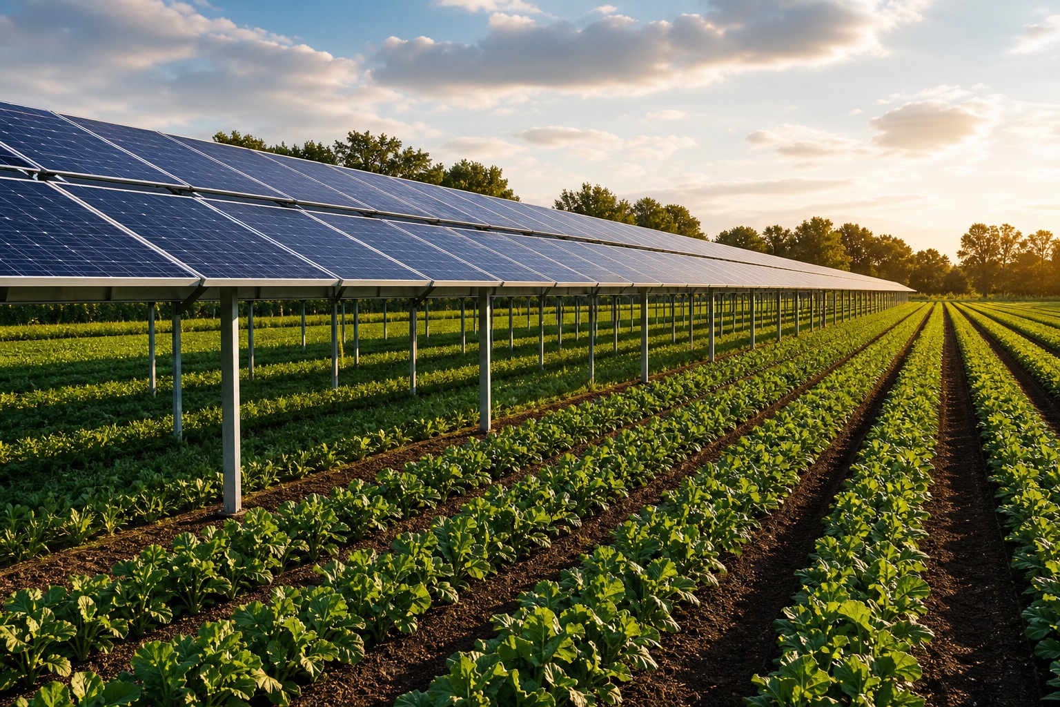 Solar panels above crop rows in a green field with wind turbines at sunset.
