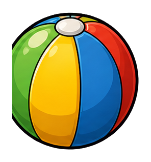 Colorful striped rubber ball with green, yellow, blue, and red panels
