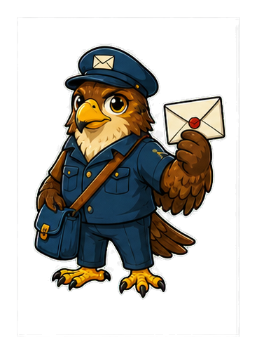 Cartoon hawk in a blue mail carrier uniform holding an envelope
