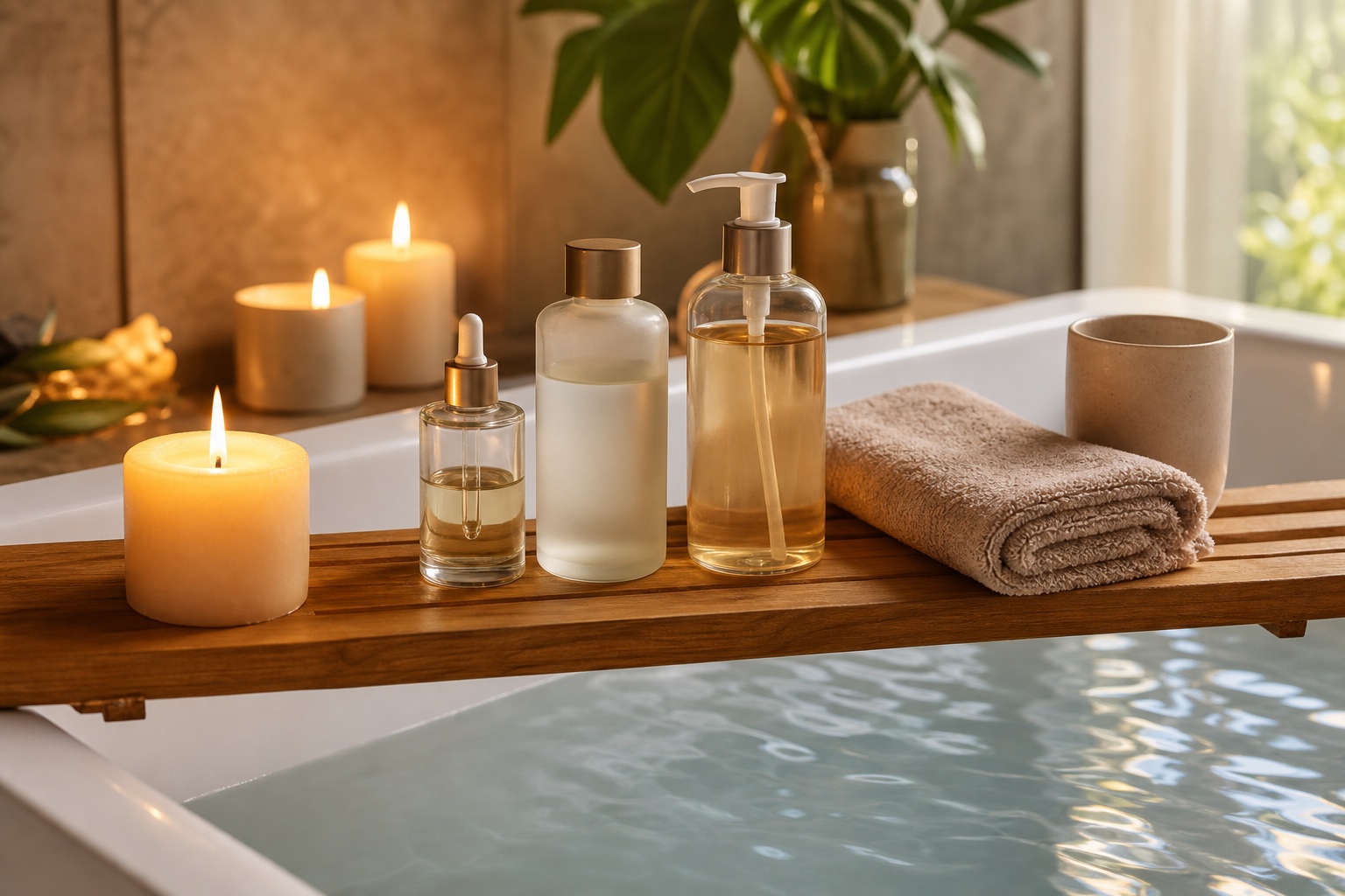 Candles, skincare bottles, a towel, and a bath shelf beside a calm spa bath