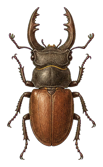 Vintage scientific illustration of a brown beetle with large curved horns.