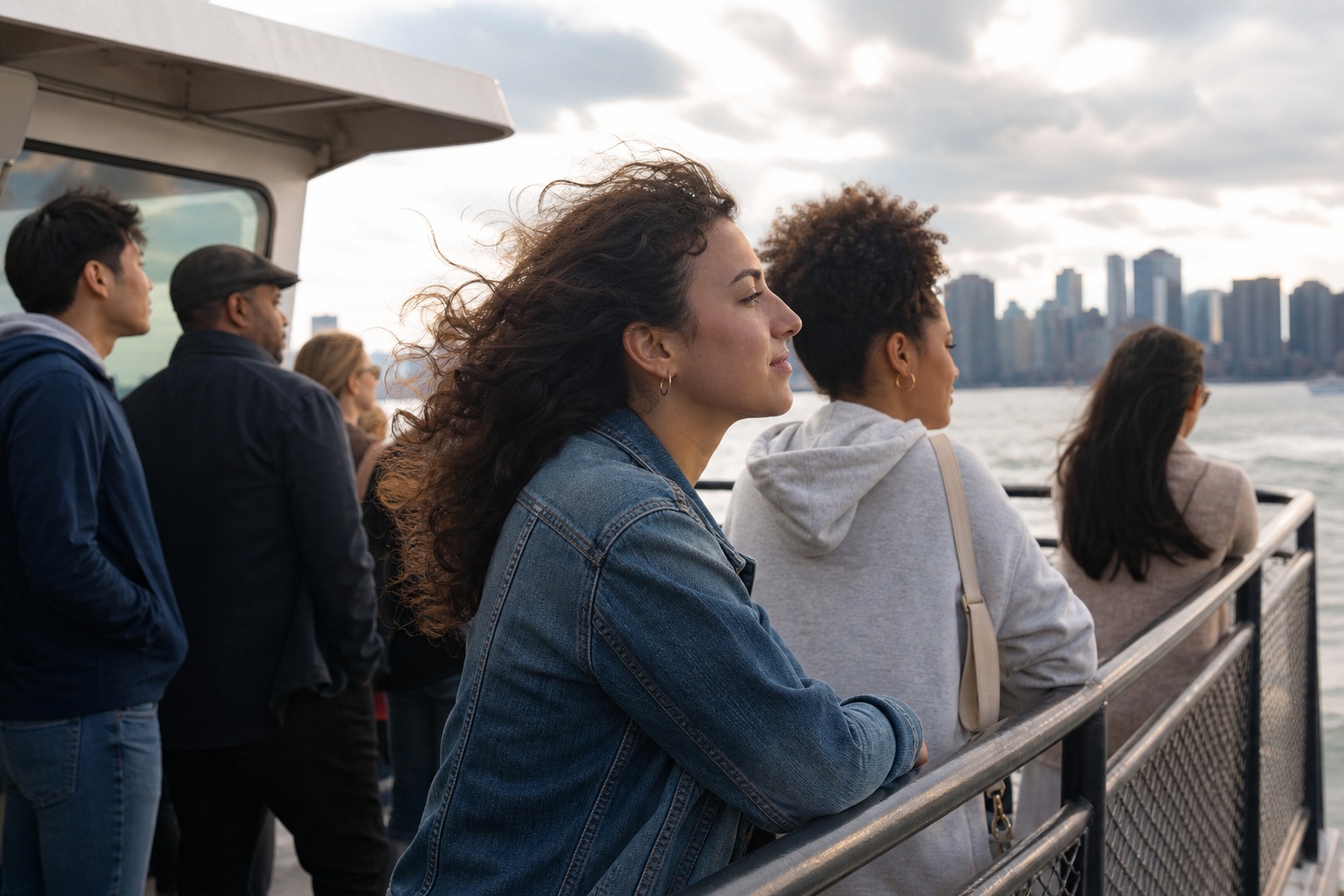 People standing on a ferry deck looking toward a city skyline.