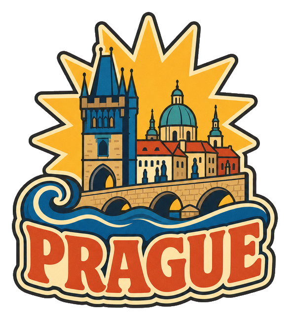 Illustrated Prague word art with skyline, bridge, and sparkling burst behind the text