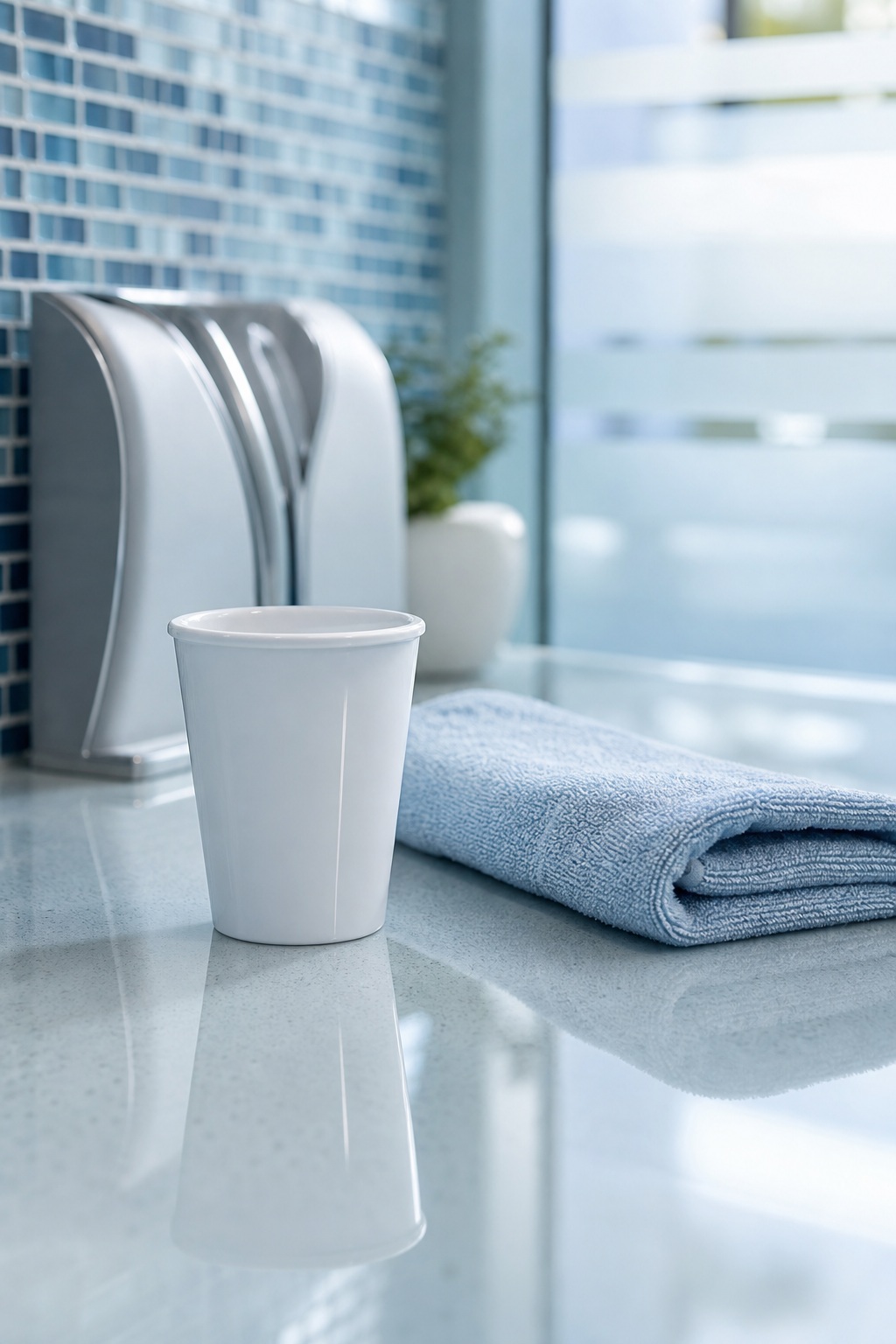 White cup and folded towel on a polished dental clinic counter with blurred equipment behind.