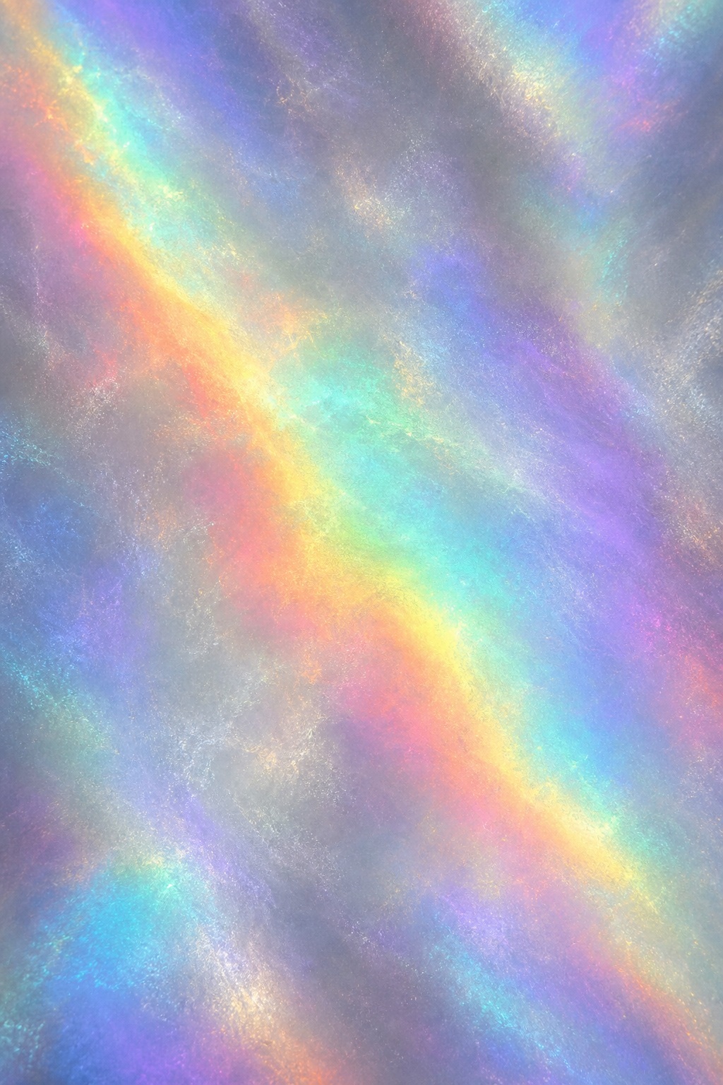 Soft silver holographic background with diagonal rainbow color bands and subtle abstract texture.